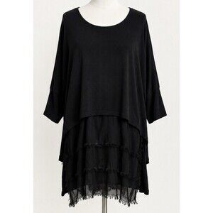 Baci Italy Black Jersey Lagenlook Top Layered Tiered Frayed Hem Oversized Size M